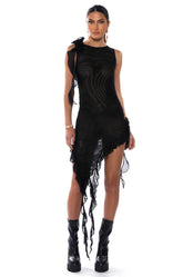HAILEY SLEEVELESS ASYMMETRICAL RUFFLE MESH MIDI DRESS