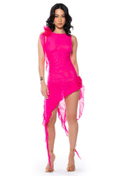 HAILEY SLEEVELESS ASYMMETRICAL RUFFLE MESH MIDI DRESS
