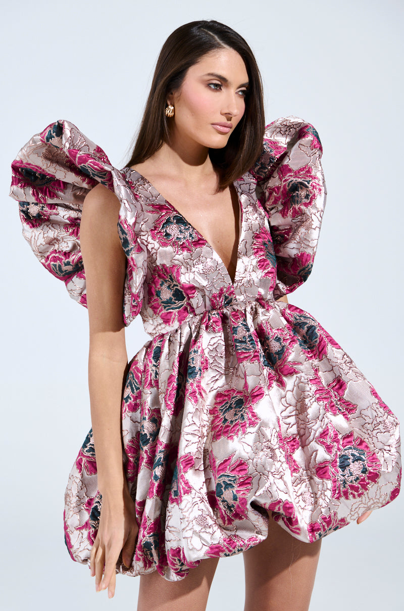 MAIN CHARACTER ENERGY BROCADE MINI DRESS IN SILVER