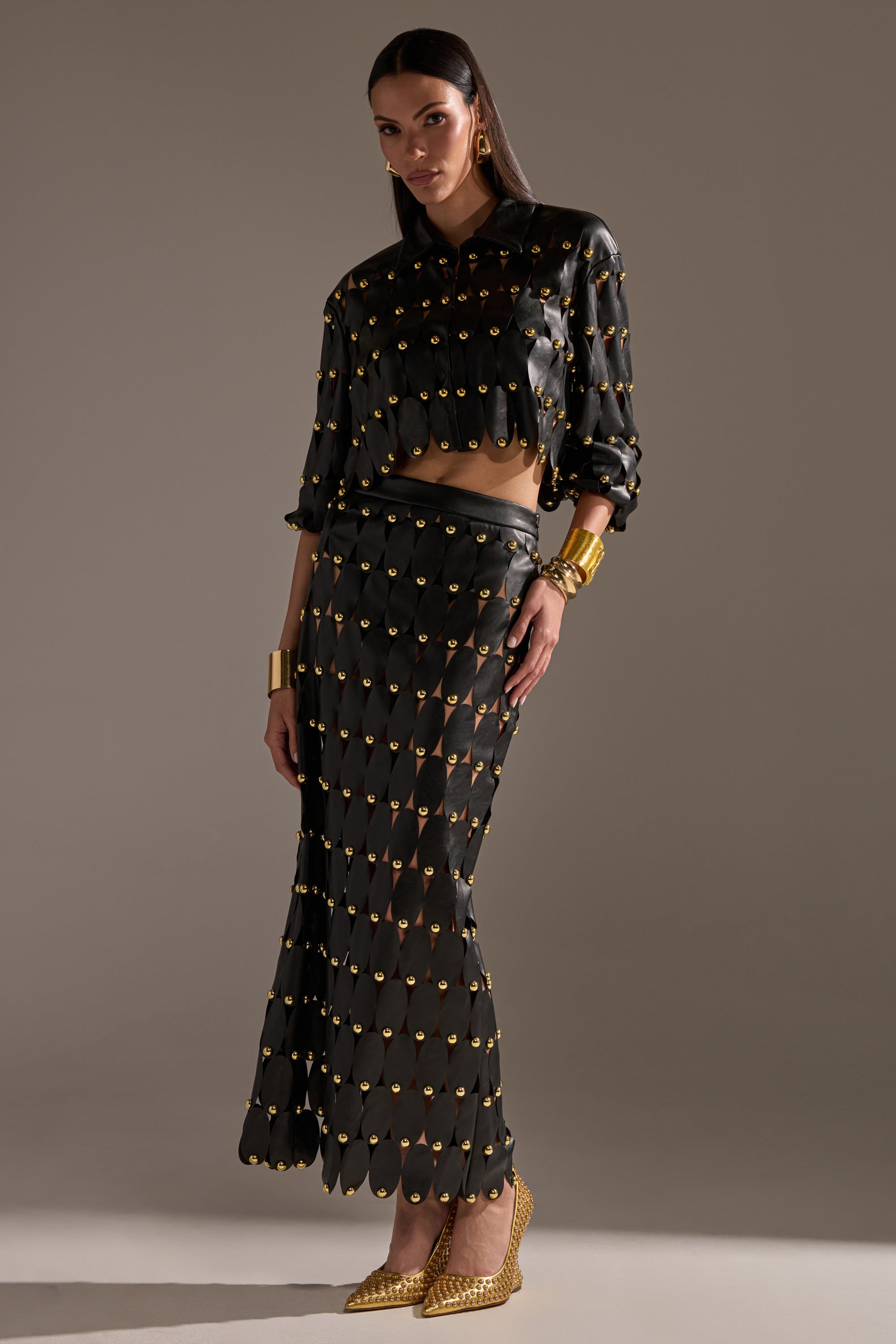 THE SNEAK PEEK STUDDED PU BLOUSE IN BLACK