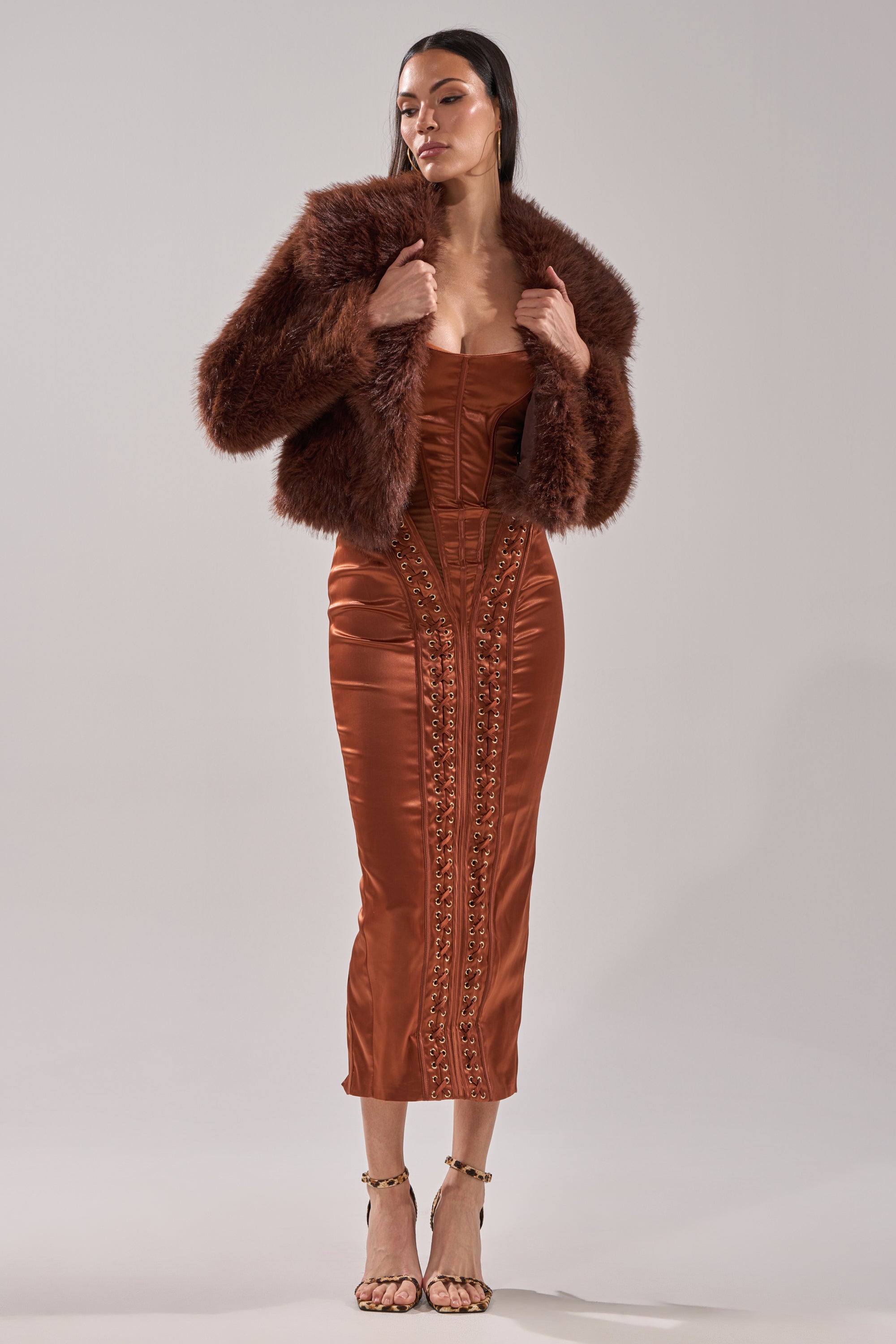 WOAH BABY SATIN MIDI DRESS IN CHOCOLATE
