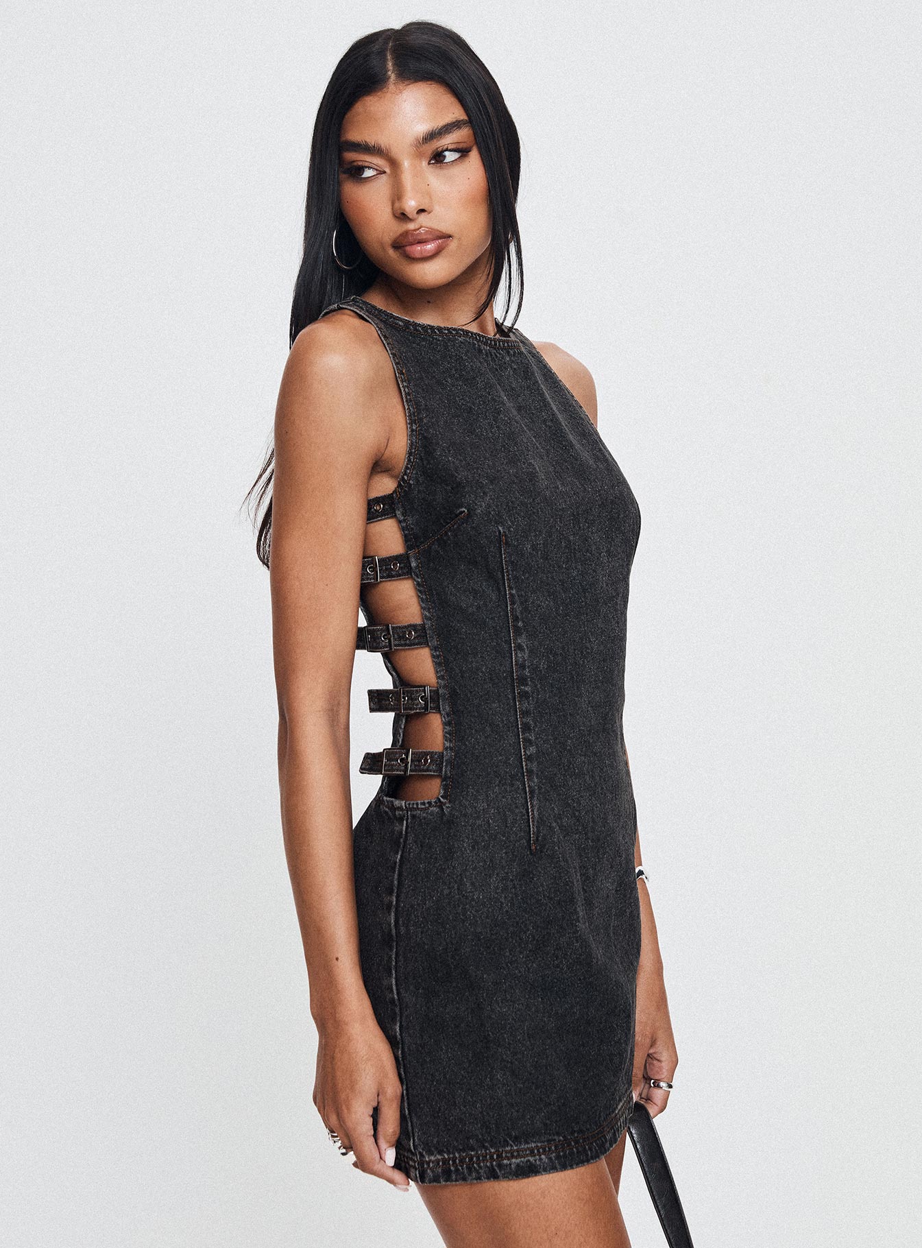Chatter Buckle Side Denim Mini Dress Charcoal