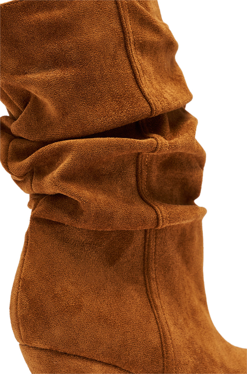 AZALEA WANG ASAF RUCHED WEDGE BOOTIE IN TAN