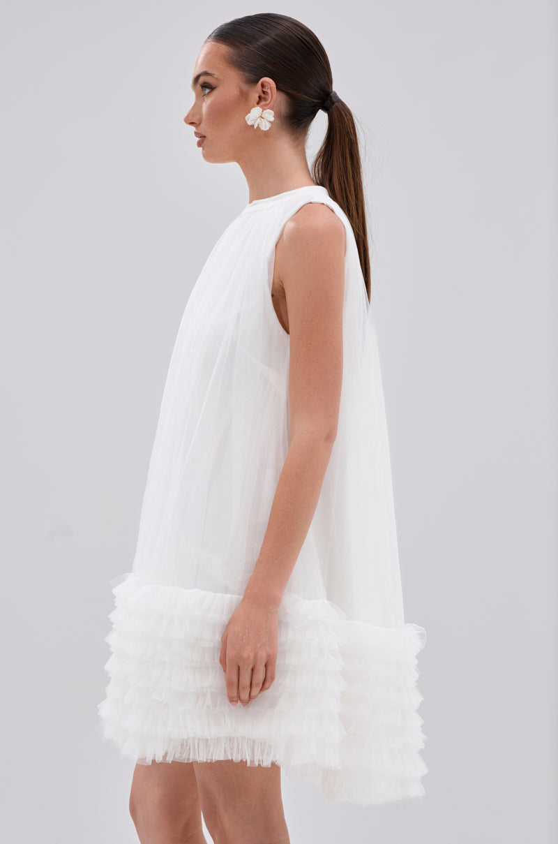 ARI TULLE RUFFLE MINI DRESS IN WHITE