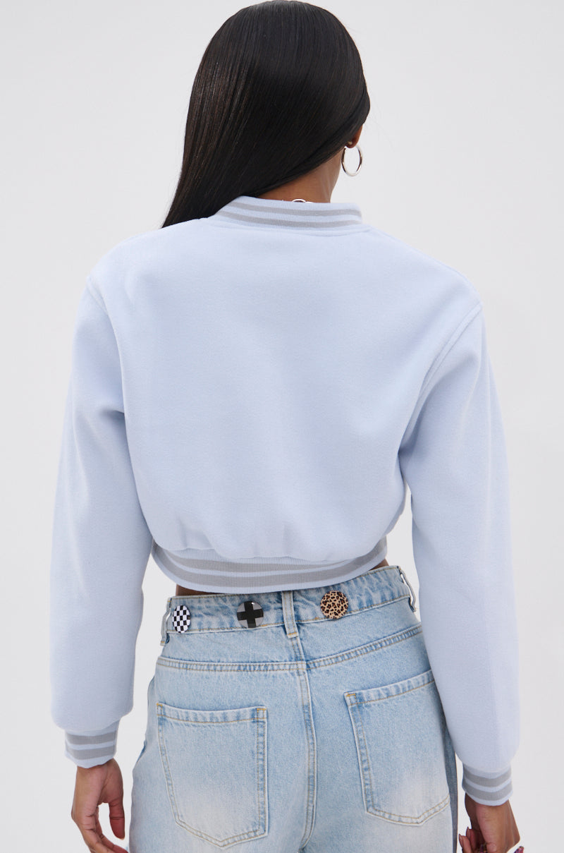 DAVIS EVERYDAY VARSITY BOMBER IN LIGHT BLUE