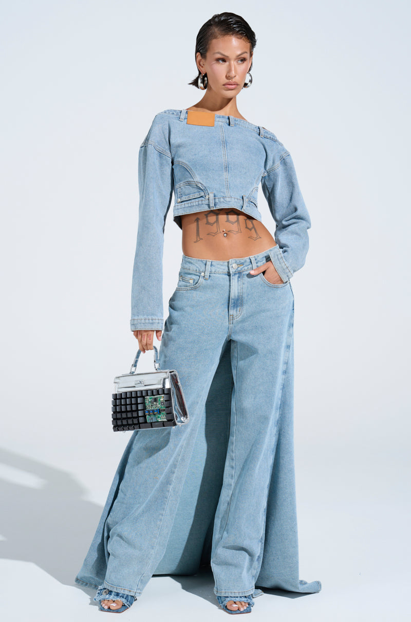 SHAKE IT OFF DENIM OFF THE SHOULDER TOP