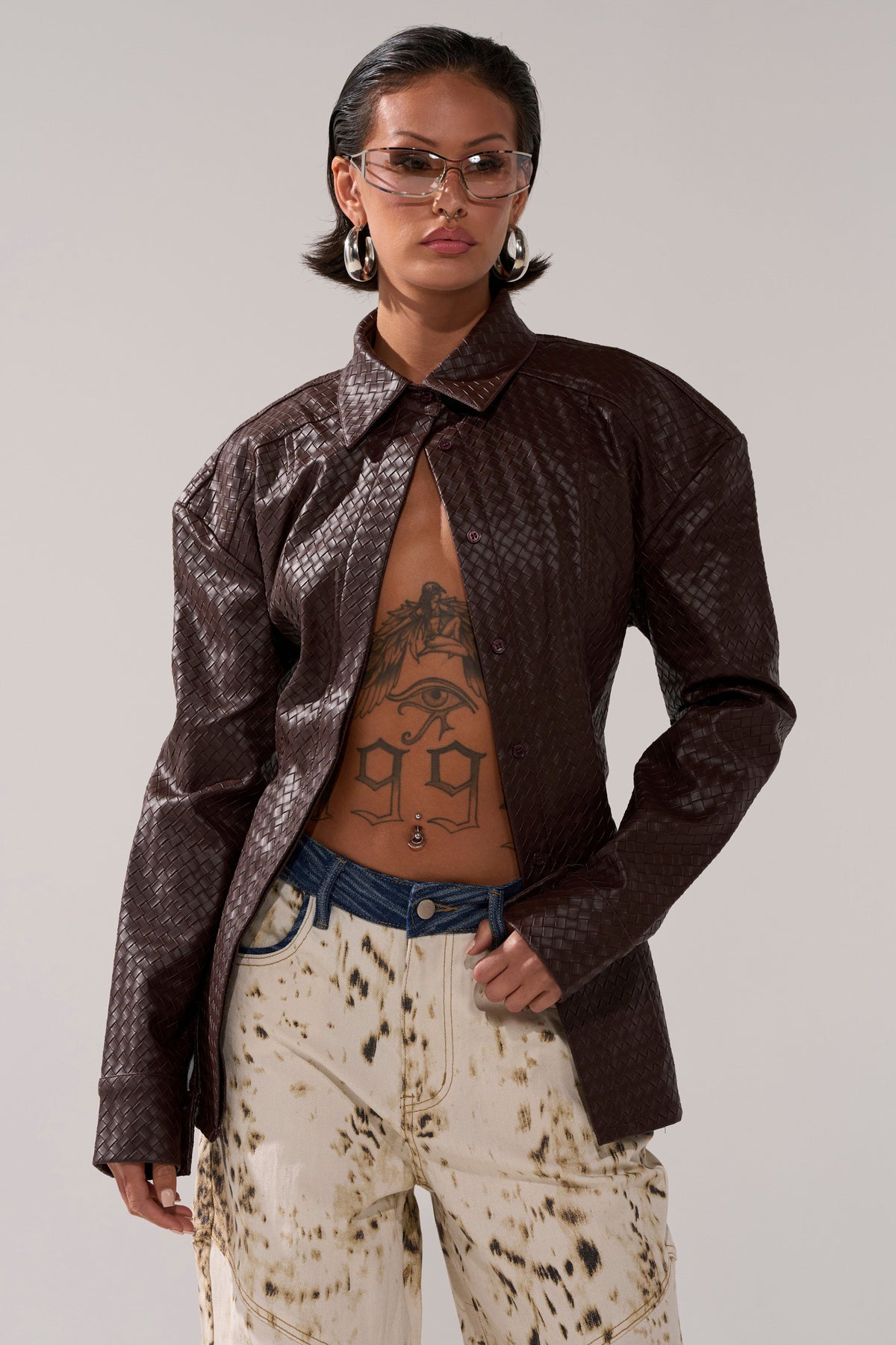 FEELING RICH FAUX LEATHER BUTTON DOWN