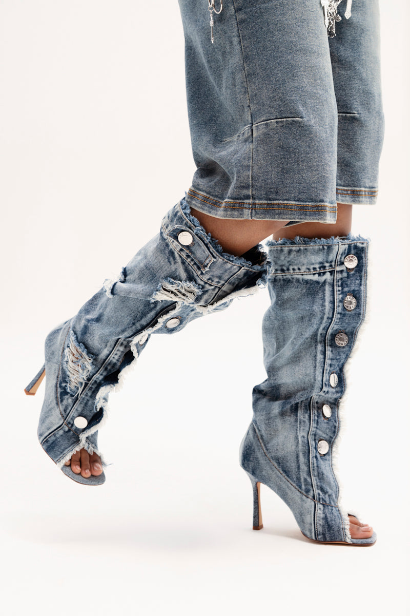 AZALEA WANG KAZUKI DENIM OPEN TOE BOOT