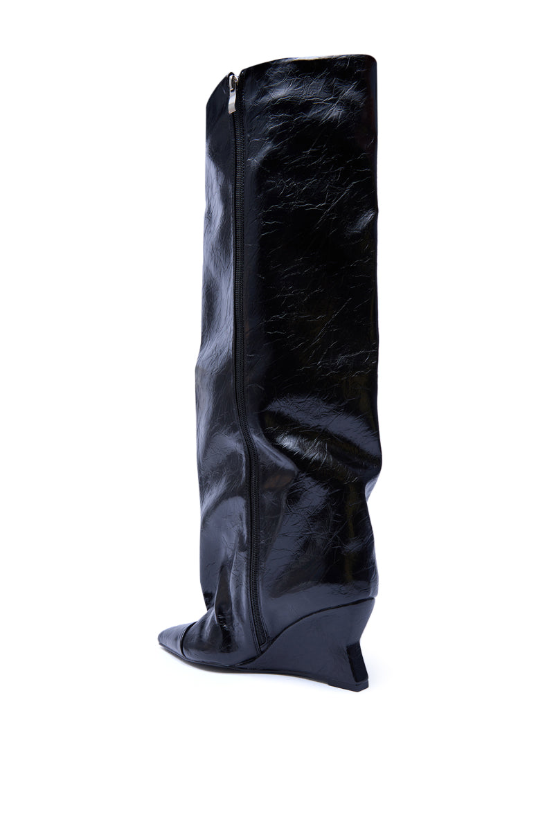 AZALEA WANG KENYA BLACK KNEE HIGH WEDGE BOOT