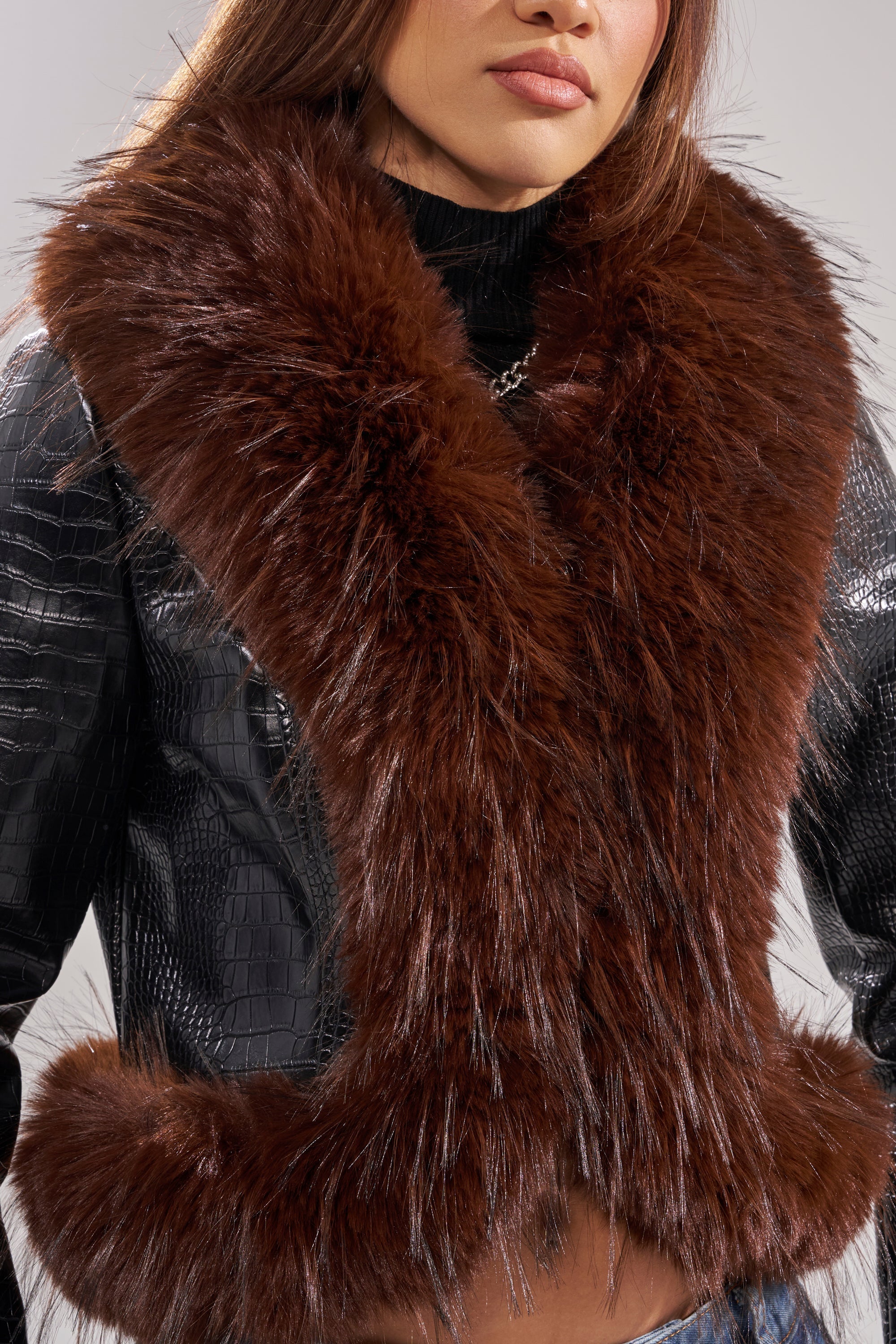 LUNNA FUR TRIM MOTO IN BLACK CROC