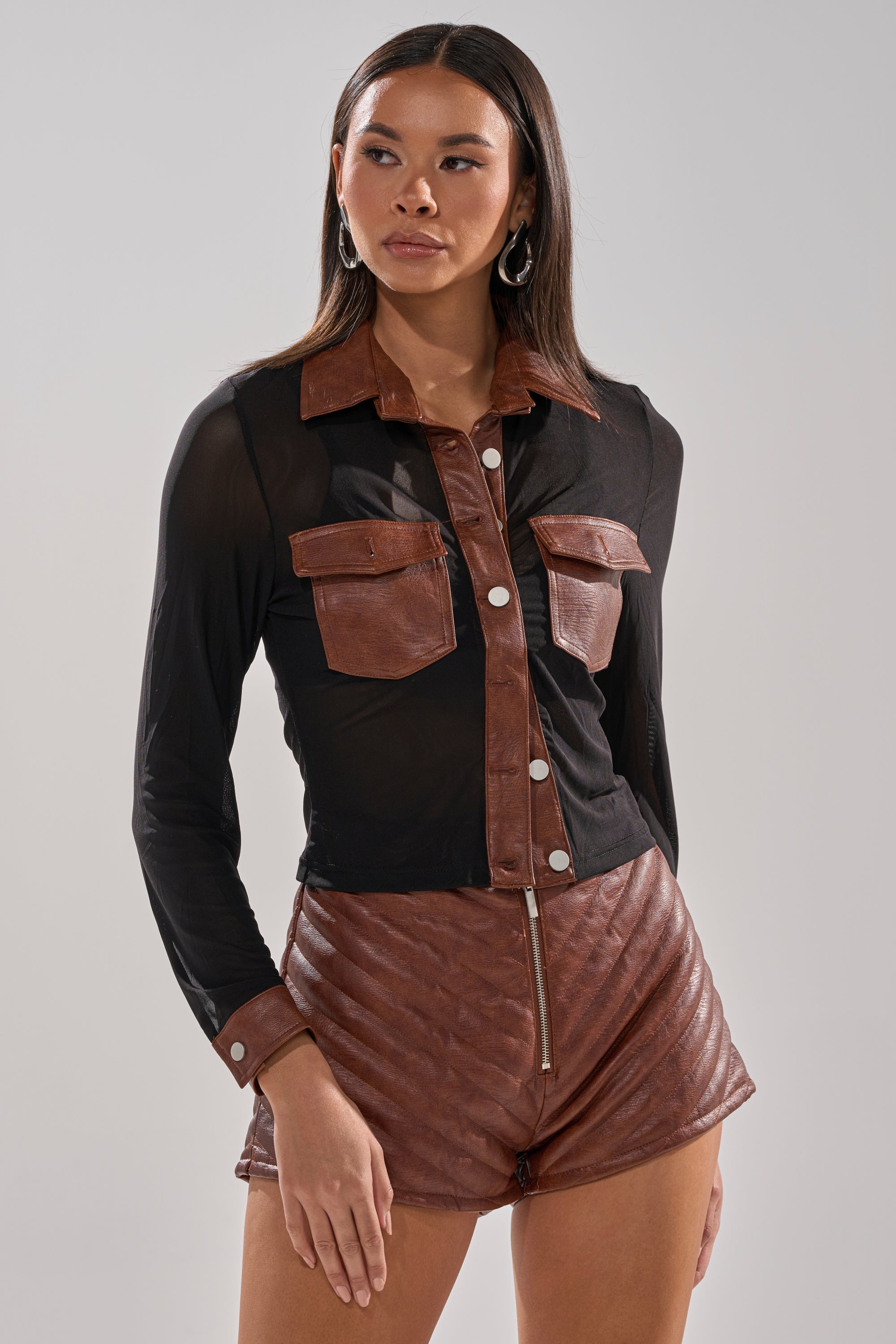 GALAXY MESH BUTTON DOWN WITH FAUX LEATHER TRIM