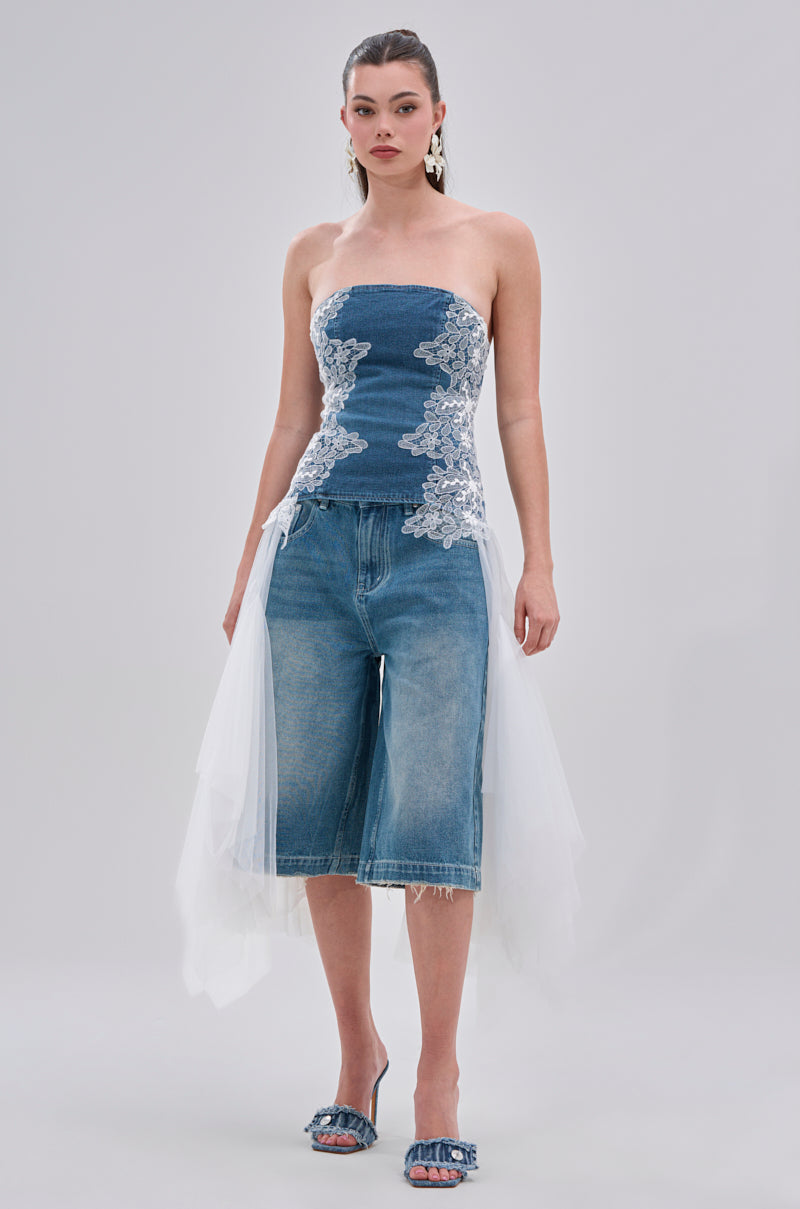 NO DRAMA STRETCH DENIM LACE DETAILED CORSET