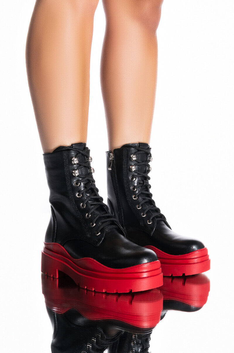 AZALEA WANG LUST LACE UP FLATFORM BOOTIE IN RED