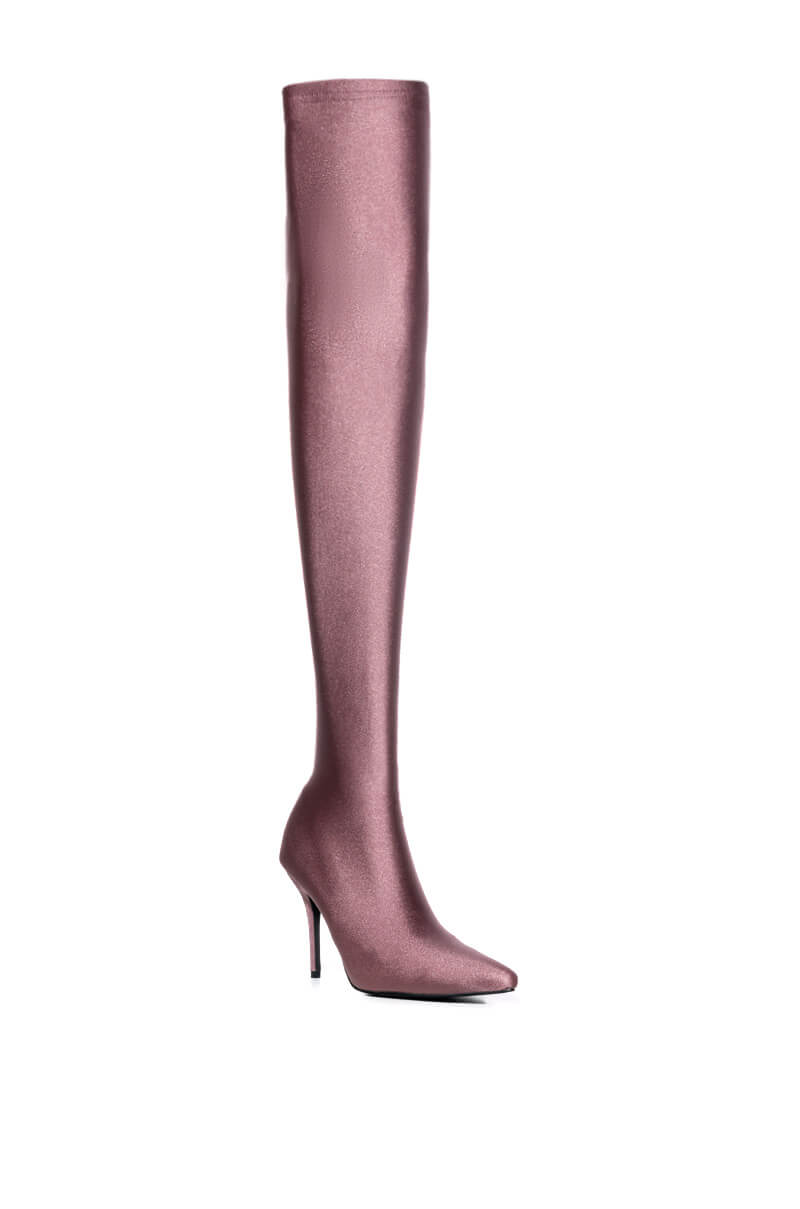 AZALEA WANG HEARTOUT THIGH HIGH STILETTO BOOT IN TAUPE STRETCH