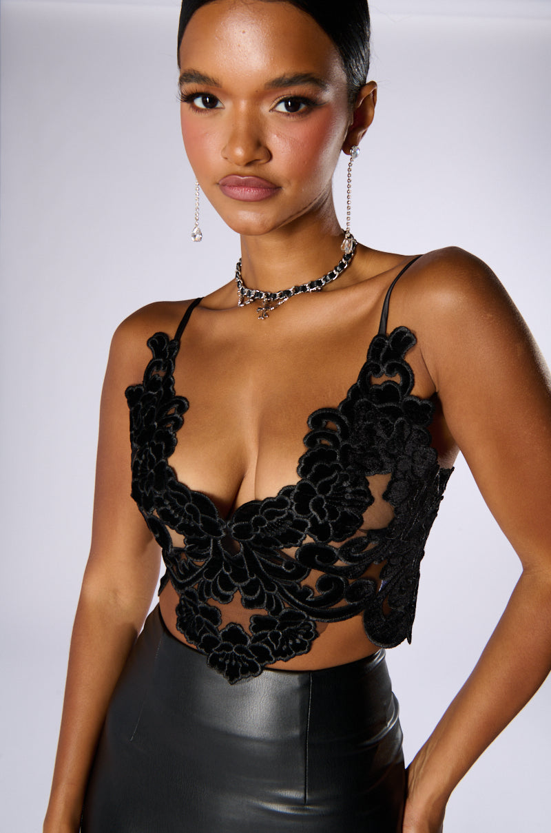 IN THE GARDEN VELVET BRALETTE TOP IN BLACK