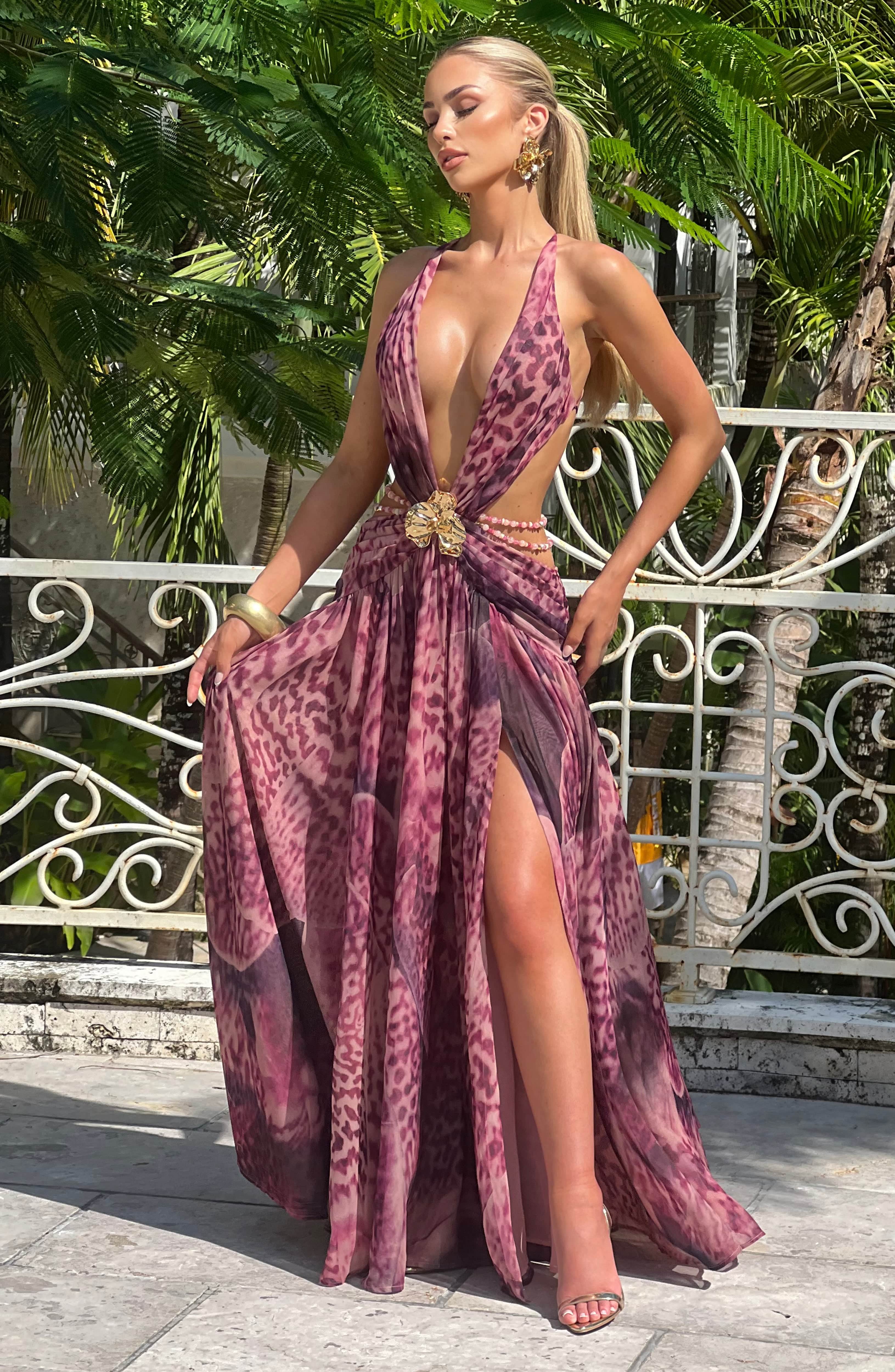 Indianna Maxi Dress - Magenta Orchid Print Dress Babyboo Fashion Premium Exclusive Design