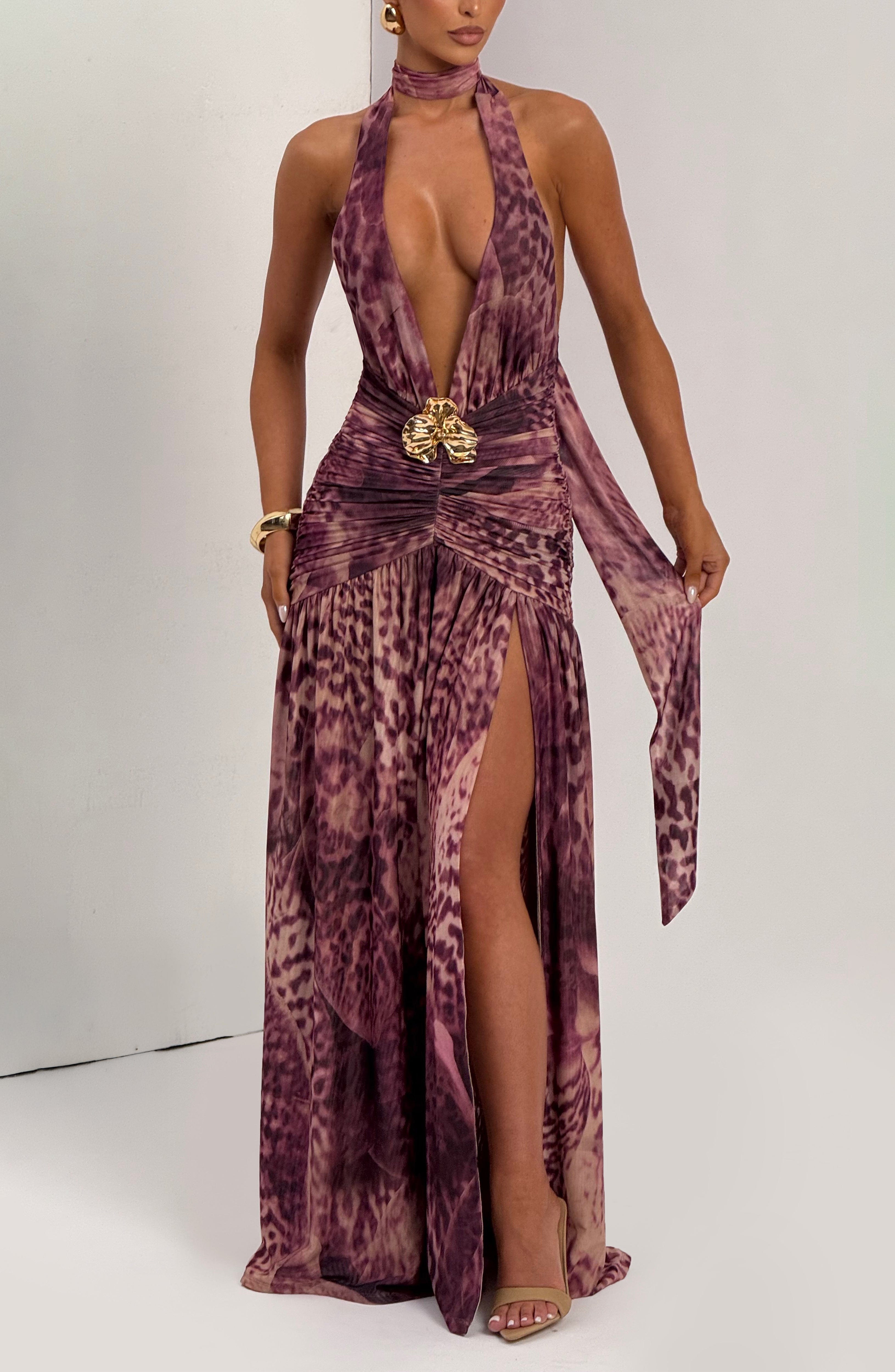 Melania Maxi Dress - Magenta Orchid Print Dress Babyboo Fashion Premium Exclusive Design