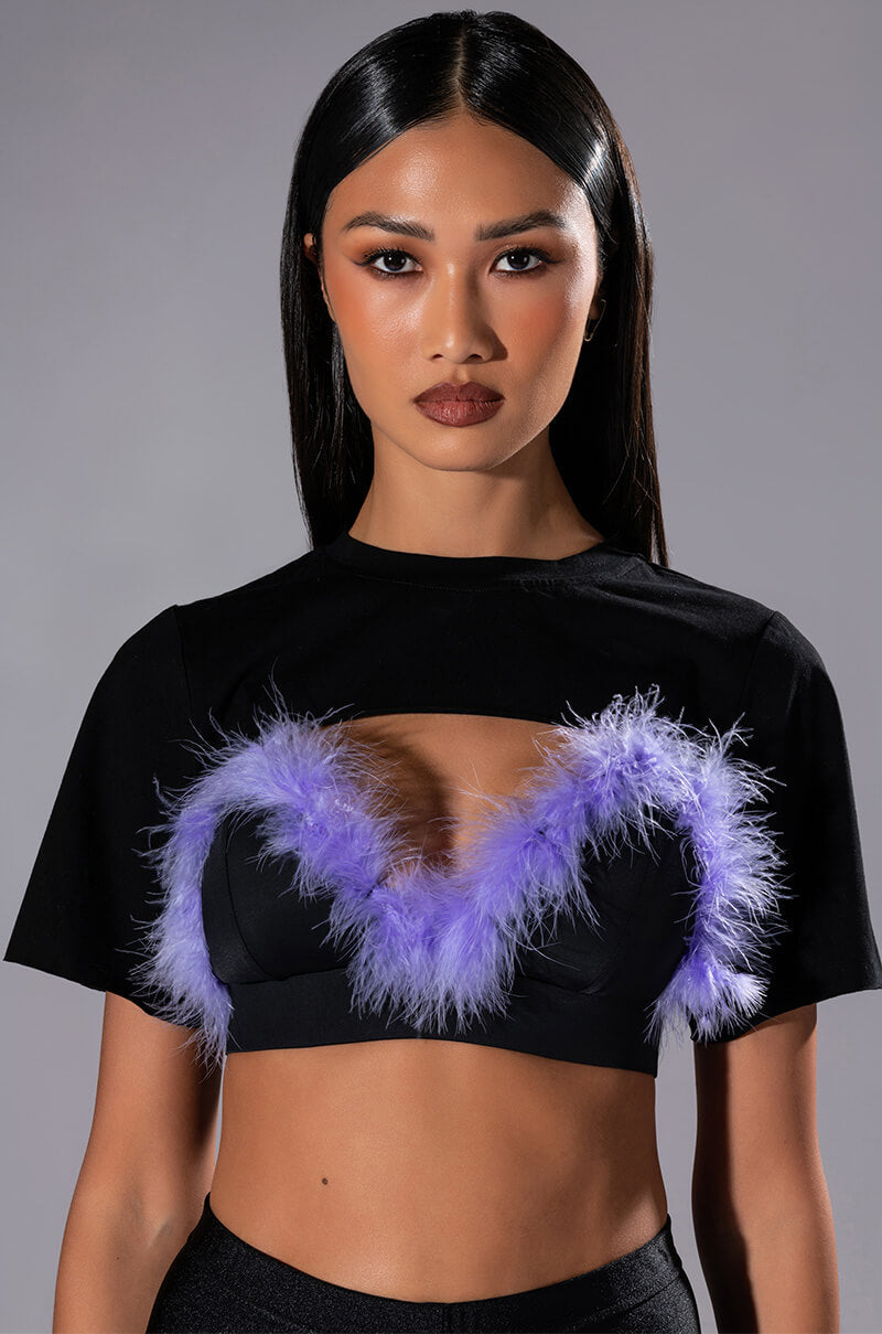 TAI FEATHER TRIM BRA AND ULTRA CROP TSHIRT SET