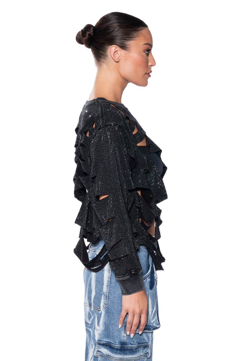 THRASHER RHINESTONE SHREDDED SWEATSHIRT